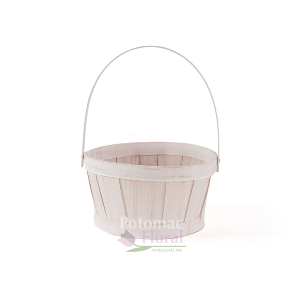 Round White Wood Basket With Folding Handle - Potomac Floral Wholesale