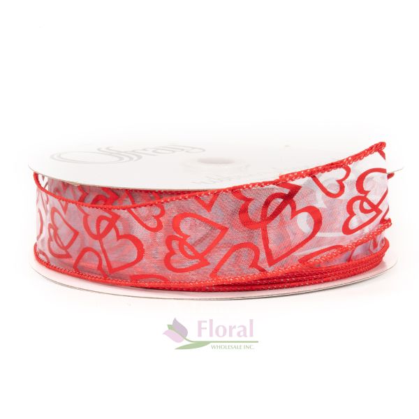 Valentine Ribbon - Floating Hearts #9 White on Red x 50 Yds - Potomac  Floral Wholesale
